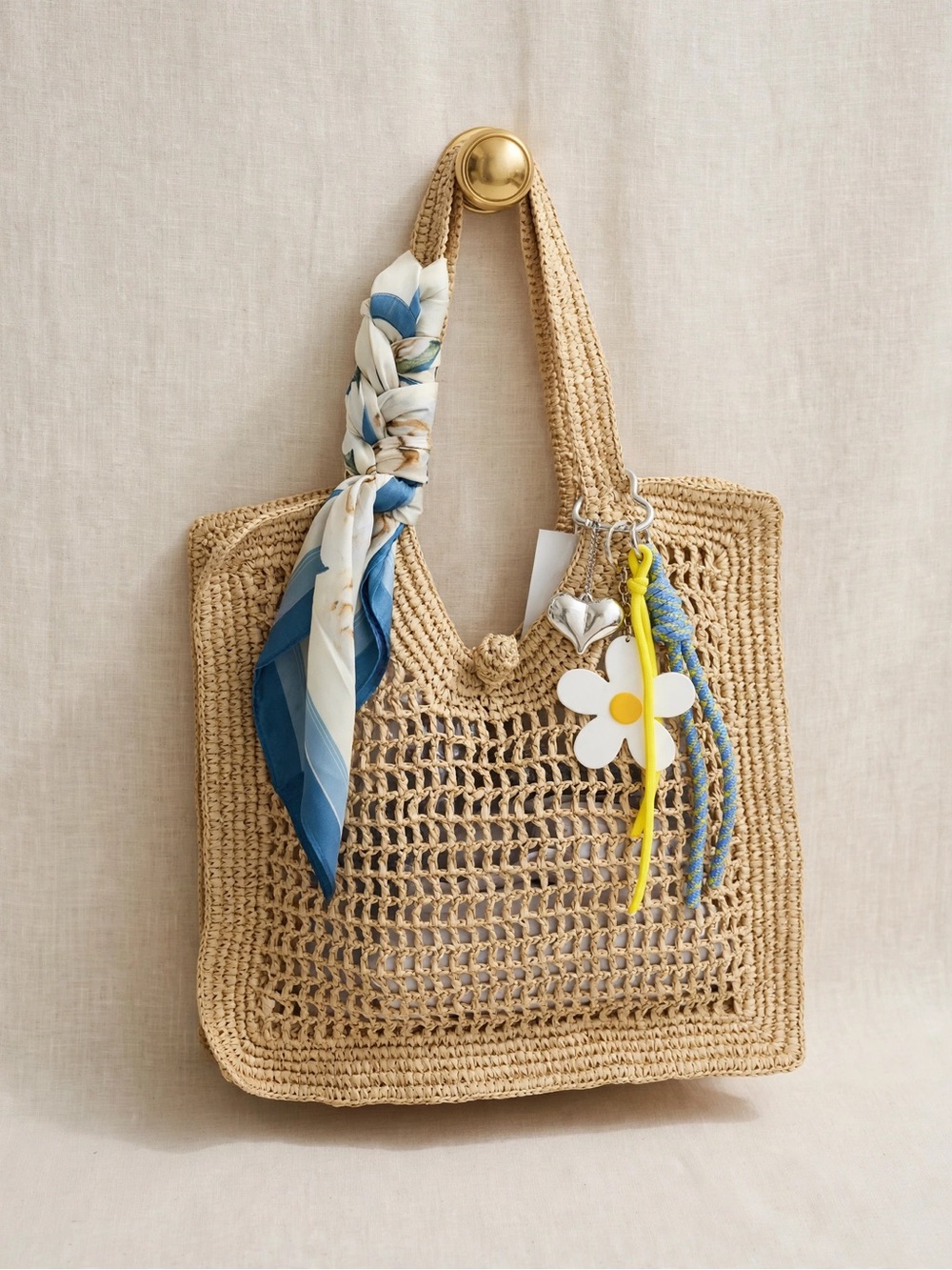 H&M Natural Straw Tote with Blue Scarf and Yellow Daisy Charm